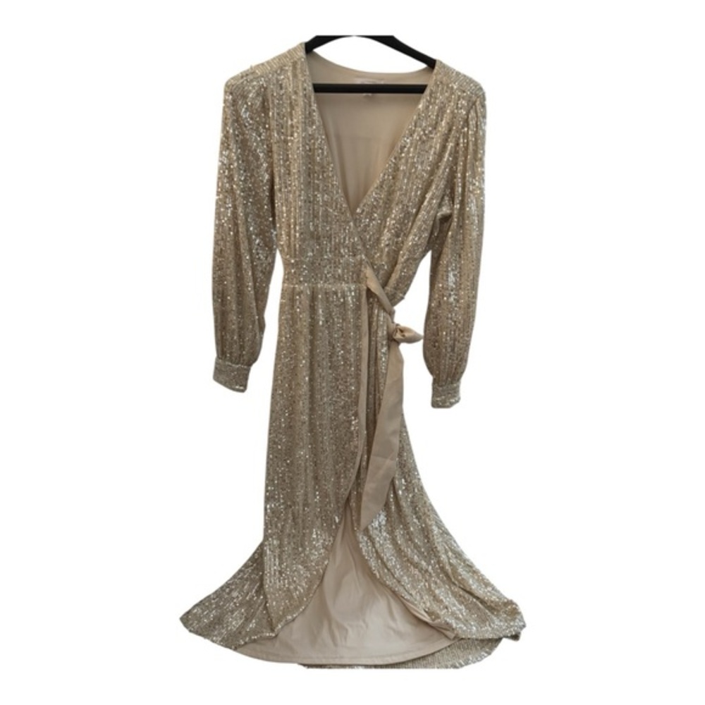 Lauren Conrad Sequin Wrap Gown XS Champagne Maxi Formal Wedding Guest